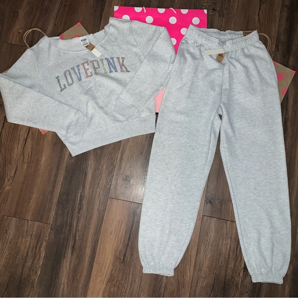 NEW VS PINK Size SMALL Rainbow Rhinestone Bling Set. Campus Pant & Sweatshirt. - Picture 5 of 14